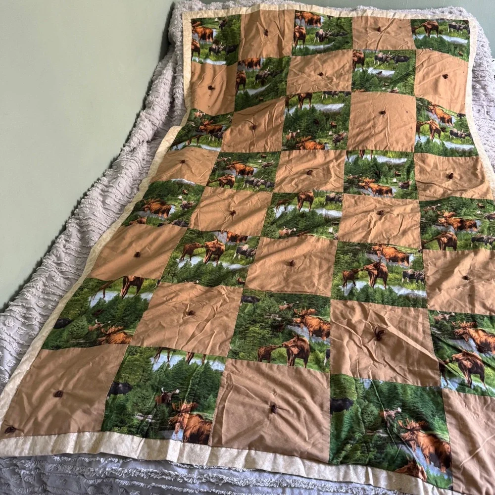 Handmade Vintage Moose Patchwork Quilt Blanket Brown Green Rustic Cabin Lodge